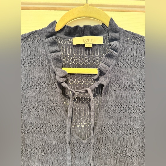 LOFT Pointelle Tie Neck Sweater Tee - Blue - Medium - Picture 3 of 7